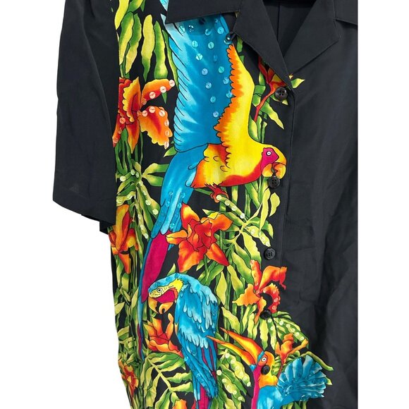 Diane Gilman Black Tropical Parrot Print Silk Button Up Shirt SZ Medium - Picture 4 of 8